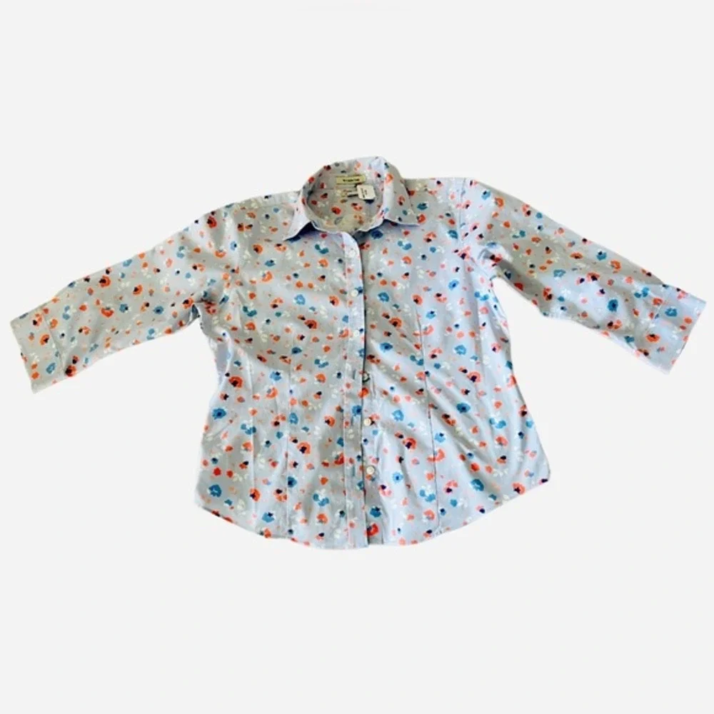 LL Bean‎ Wrinkle Free Shirt Floral Long Sleeve Blue Size XS